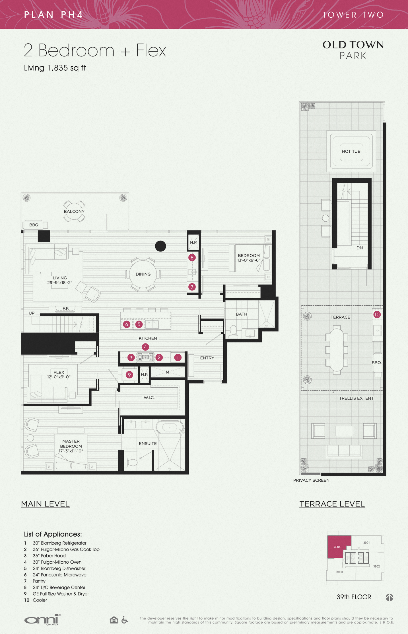 Floor plan for 2 beds, 2 baths, 1835 sqft